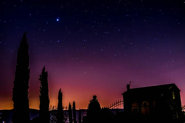 Cielo Estrellado Después Del Atardecer Campiña Toscana Italia —  Fotos de Stock