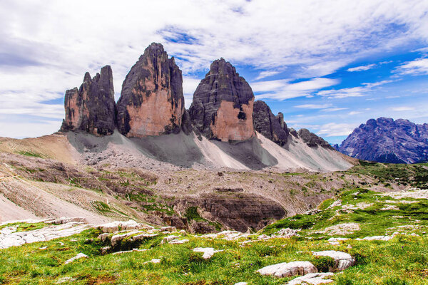 The Tre Cime di Lavaredo (Italian for "three peaks of Lavaredo", in the Sexten Dolomites of northeastern Italy.