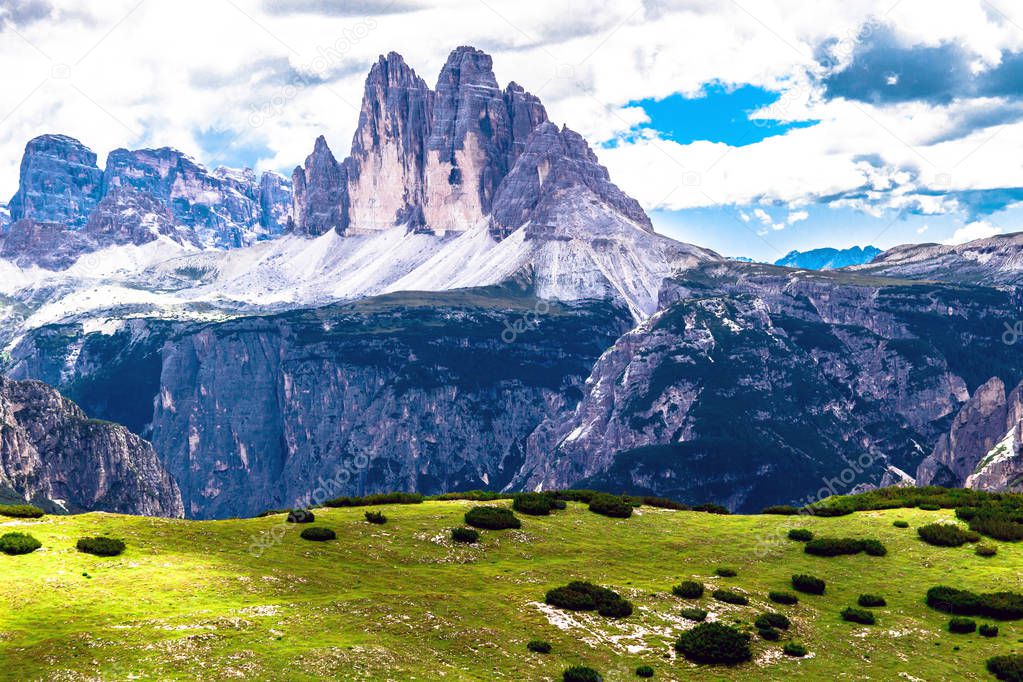 Dolomite landscape with the three peaks of lavaredo, italy