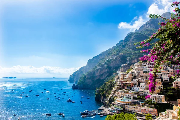 Panoramablick Auf Positano Berühmtes Dorf Der Amalfiküste Italien Stockbild