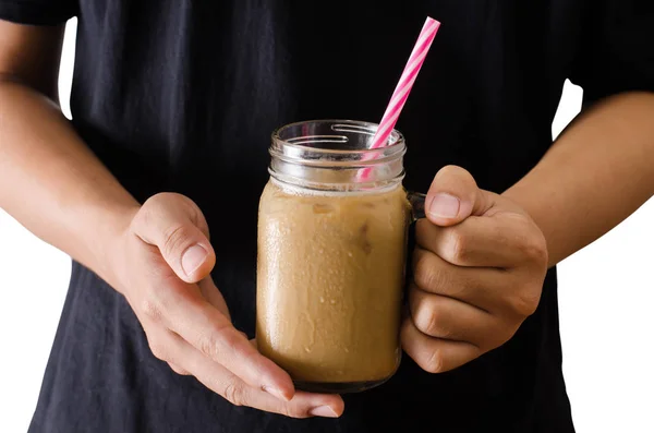 Genggam kopi es dengan tangan siap untuk minum — Stok Foto