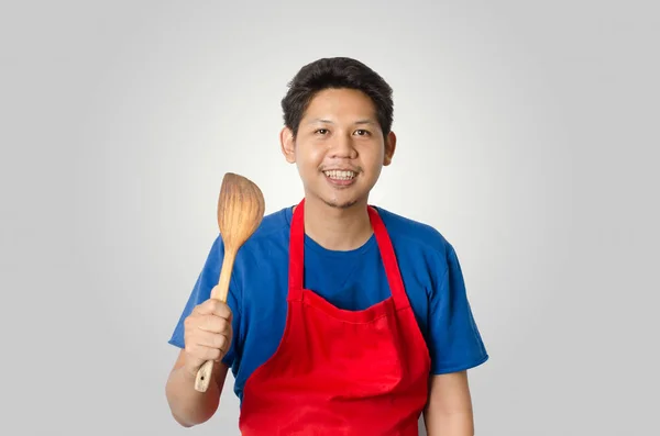 Asiatique homme prêt à cuisiner isolé sur fond gris — Photo