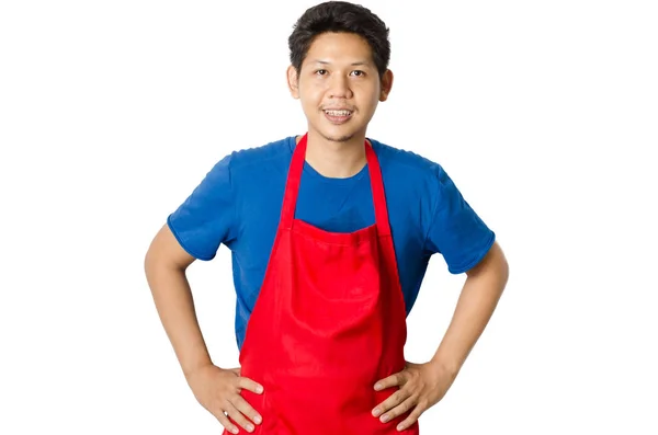 Asiatique homme porter tablier rouge prêt à cuisiner — Photo