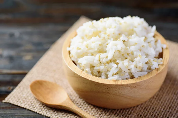 Arroz Cozido Com Semente Quinoa Uma Tigela Colher Comida Saudável — Fotografia de Stock