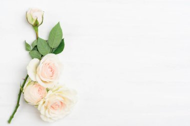 Beyaz masadaki güzel beyaz gül buketi arka plan için fotokopi alanı, Sevgililer Günü