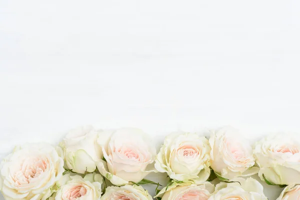 Vackra Vita Rosor Blomma Vitt Bord Med Kopia Utrymme För — Stockfoto