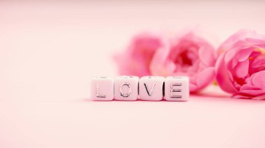Pembe güller pembe arka planda aşk alfabesiyle çiçek açıyor.
