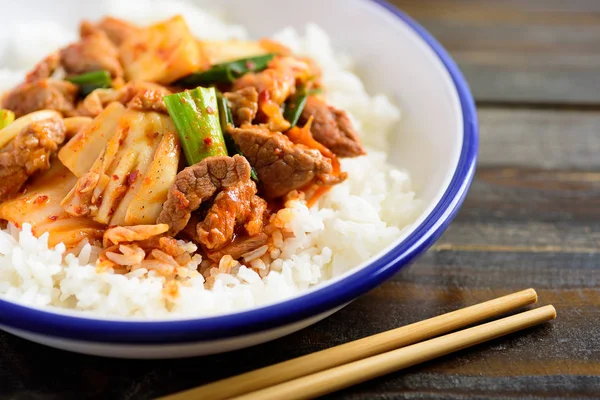 Revuelva Carne Cerdo Frita Con Kimchi Comiendo Con Arroz Comida — Foto de Stock