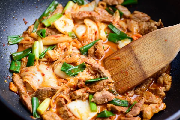 Revuelva Carne Cerdo Frita Con Col Kimchi Sartén Cocina Comida — Foto de Stock