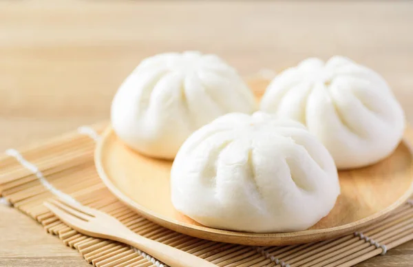 Steamed Buns Stuffed Minced Pork Wooden Plate Fork Ready Eating — Stock Photo, Image