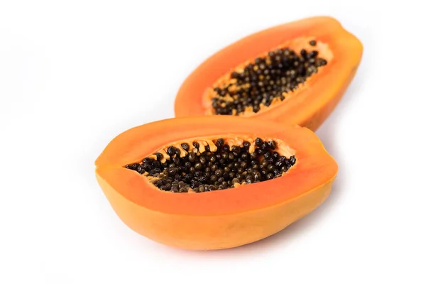 Halfed Ripe Papaya Fruit Seeds Isolated White Background Tropical Fruit — Stock Photo, Image