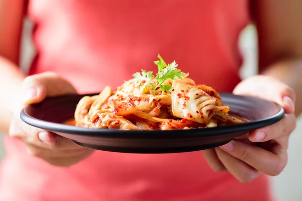 Kimchi Cabbage Plate Holding Hand Korean Food — Stock Photo, Image