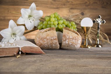 Ekmek ve şarap, kadeh ve ev sahibi, ilk comm Eucharist sembolü