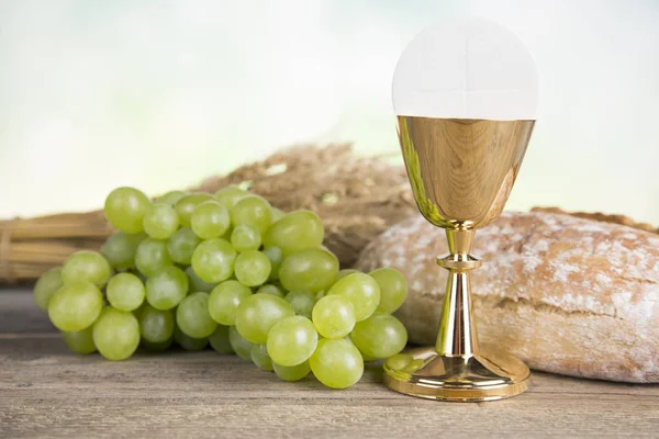 Ekmek ve şarap, kadeh ve ana bilgisayar Eucharist sembolü, — Stok fotoğraf