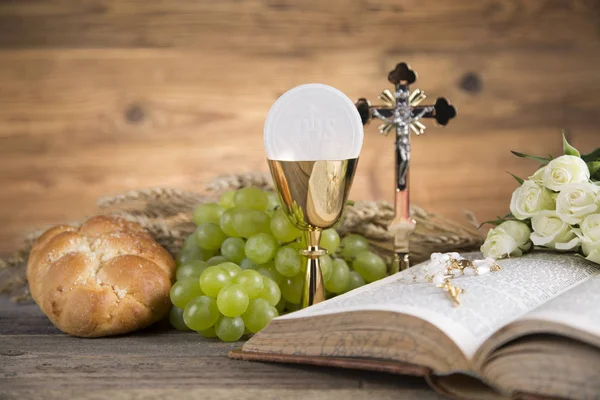 Eucharist symbol of bread and wine, chalice and host, First comm