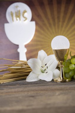 Ekmek ve şarap, kadeh ve ev sahibi, ilk comm Eucharist sembolü