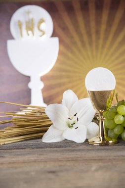 Ekmek ve şarap, kadeh ve ev sahibi, ilk comm Eucharist sembolü
