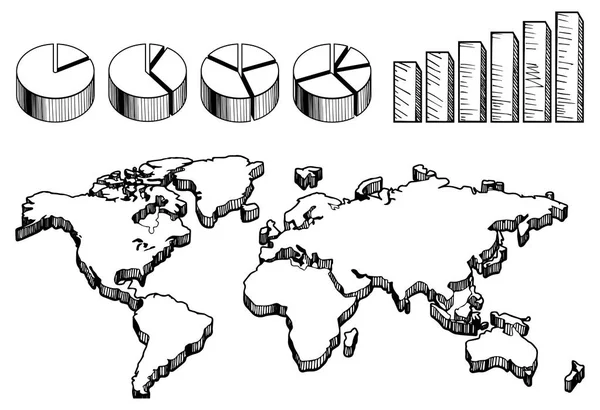 3D карта мира с диаграммами кругов и столбцов — стоковый вектор