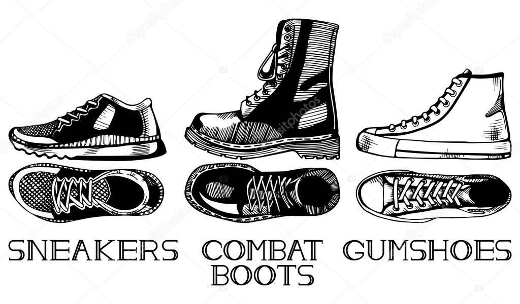Vector illustration of casual shoes set in old fashioned vintage engraving style top and side view. Sneakers, Gumshoes, combat boots