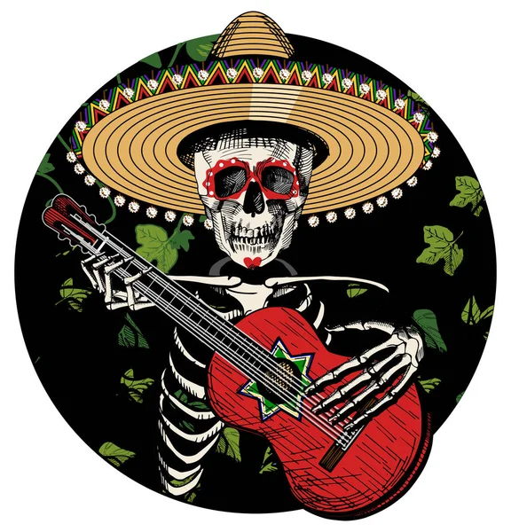 İspanyol gitar çalmaya şeker kafatası — Stok Vektör