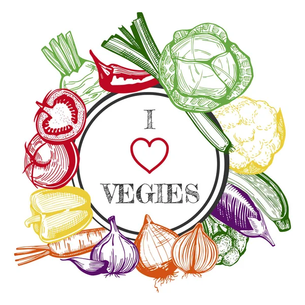 カラフルな野菜が手にスタイルを描画 — ストックベクタ