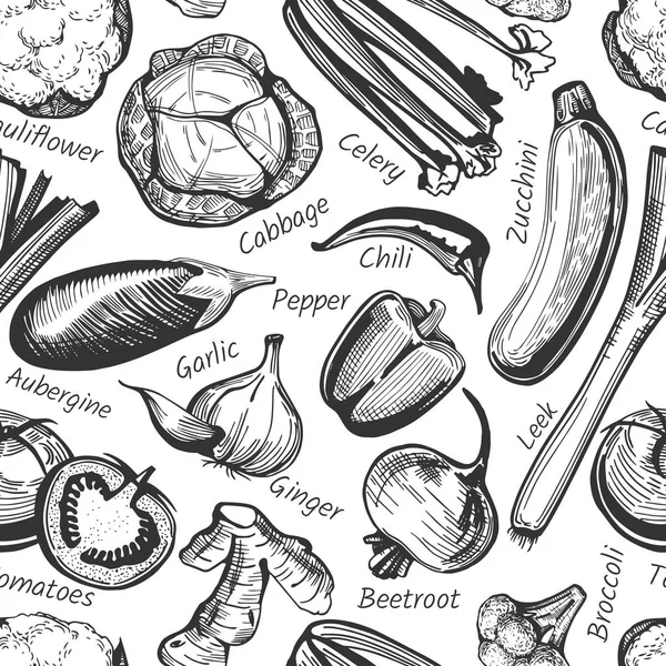 Векторный бесшовный рисунок овощей с этикетками — стоковый вектор