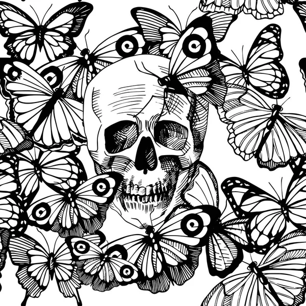 Crânio cercado e coberto com múltiplas borboletas — Vetor de Stock