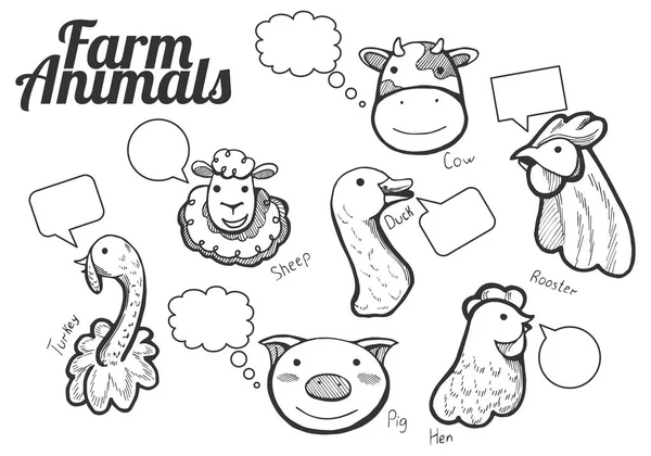 Animales de granja divertidos iconos dibujados a mano — Vector de stock