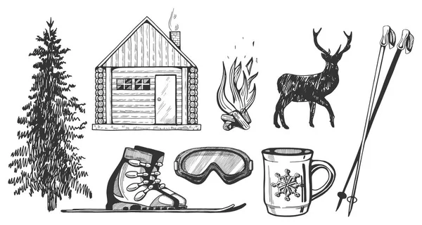 Skiing and winter hiking tourism icons set — Stock Vector