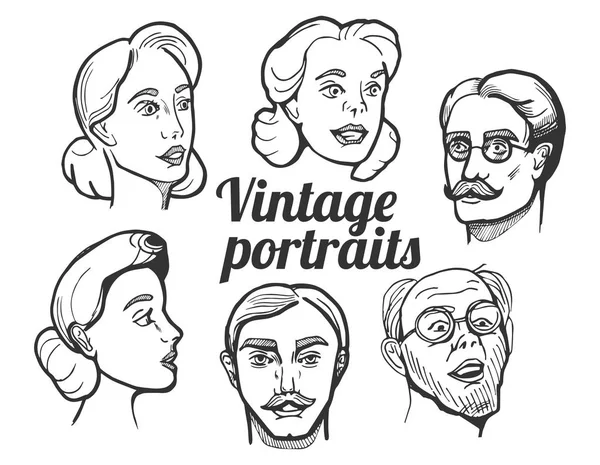 Retratos vintage masculinos e femininos — Vetor de Stock