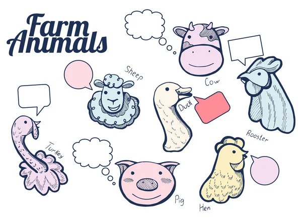 Animales de granja divertidos iconos dibujados a mano — Vector de stock