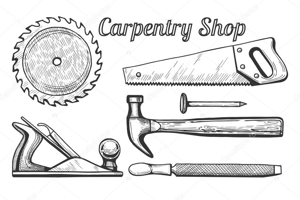 Vector illustration of woodworking or carpentry equipment tools icons. Instruments: circular or miter saw blade, plane, hammer and nail, hand saw, file. Hand drawn engraving style.