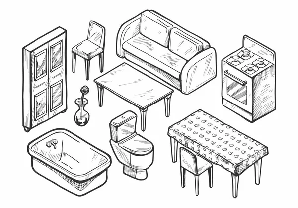 Conjunto de móveis desenhados à mão —  Vetores de Stock