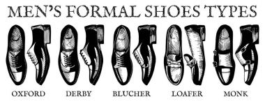 Vektör çizimi erkek resmi elbise ayakkabı: oxfords, derby, bluchers, loafer'lar, keşişler. Nihai Kılavuzu vintage çizim tarzı '.