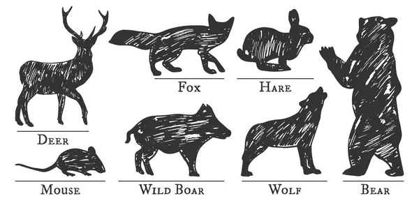 在粗略的方式绘制的森林动物剪影的矢量插图 手工绘制的垃圾样式 — 图库矢量图片