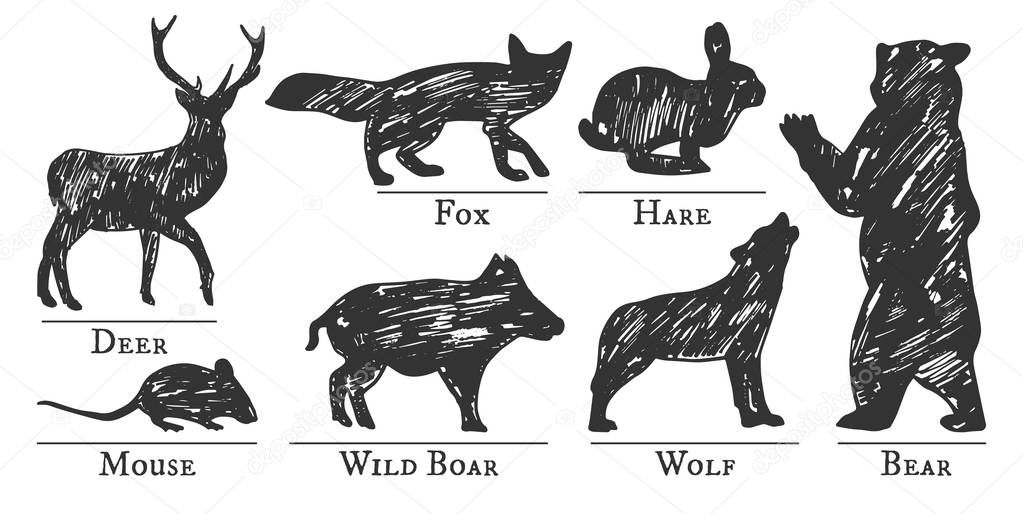 Vector illustration of a forest animals silhouettes drawn in sketchy manner. Hand-drawn grunge style.