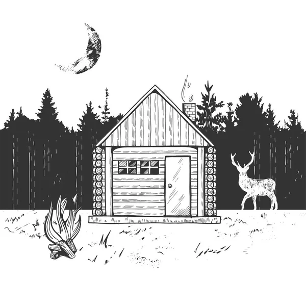 Casa de madera en un bosque — Vector de stock