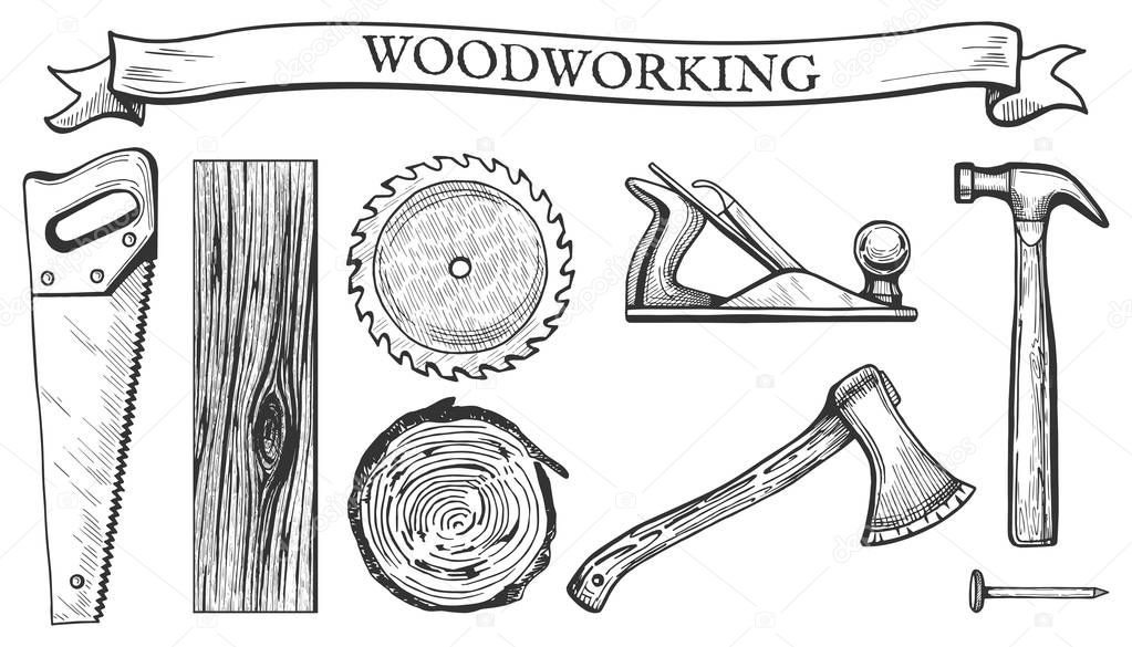Vector illustration of a woodworking objects set: hand saw, circular blade, wooden slab, board, tree cross section, planer tool, hammer, ax, nail. Carpentry tools in hand drawn vintage engraving style.