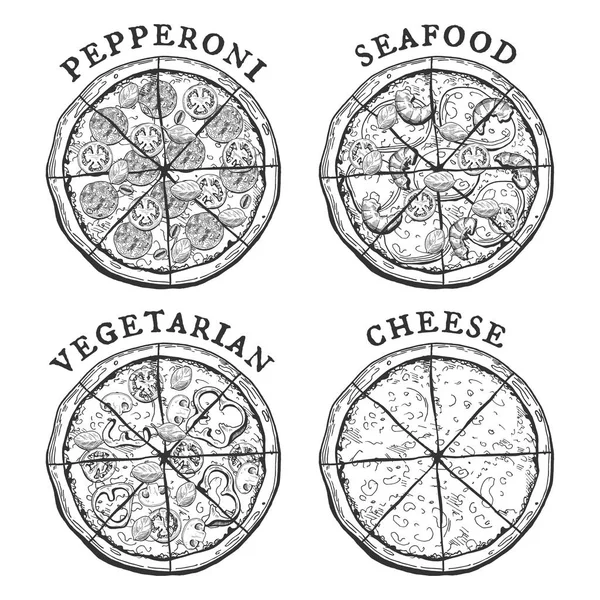 Pepperoni, fruits de mer, pizza végétarienne et fromage — Image vectorielle