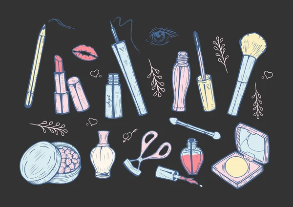 Lindo conjunto de iconos de artículos de maquillaje femenino — Archivo Imágenes Vectoriales