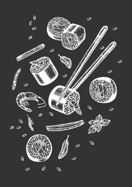 Espacio sushi rollos conjunto sobre fondo negro . — Vector de stock