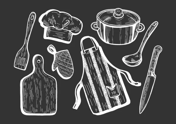 Utensilios de cocina sobre fondo negro — Vector de stock