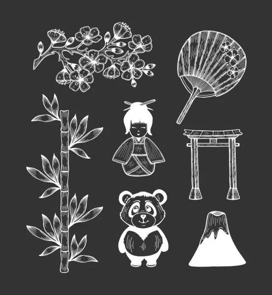 Of Japan cultural symbols icons on black background. — Stock Vector