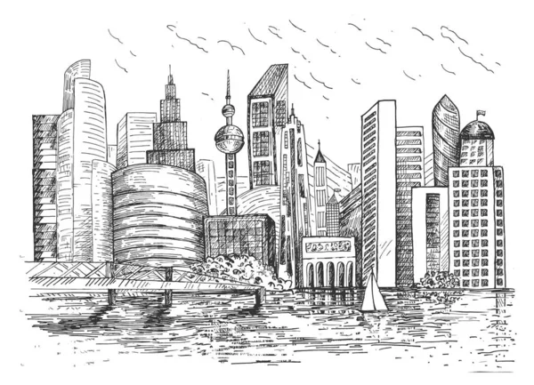 Городской небоскреб на озере — стоковый вектор