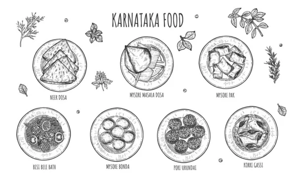 Karnataka conjunto de comida de cozinha indiana —  Vetores de Stock