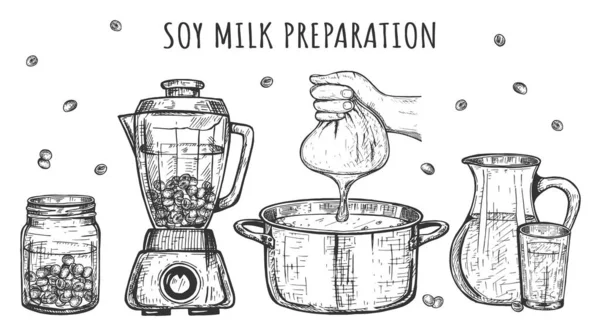 Etapas de preparação de leite de soja definidas —  Vetores de Stock