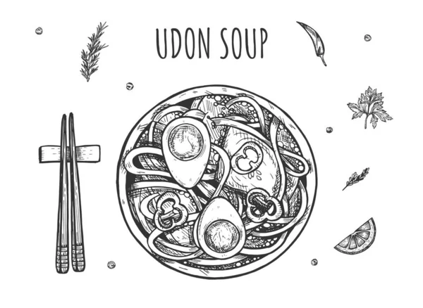 Oriental udon macarrão ramen conjunto de sopa —  Vetores de Stock