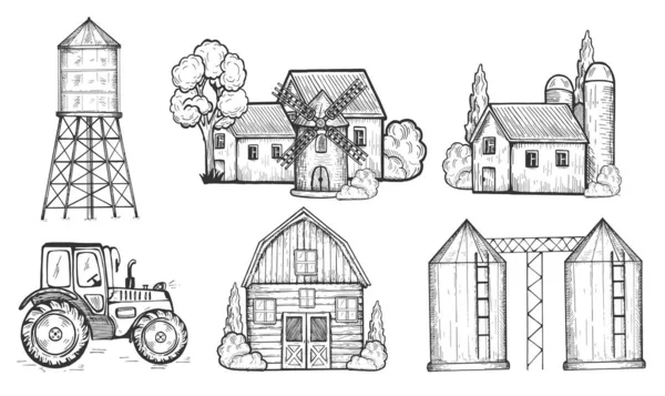 农场建筑、磨坊、拖拉机组 — 图库矢量图片