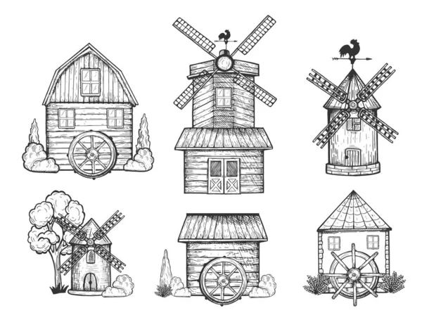 Rural windmill and watermill set — 스톡 벡터