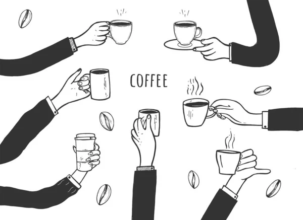 Menschenhände mit Kaffeetassen-Set — Stockvektor